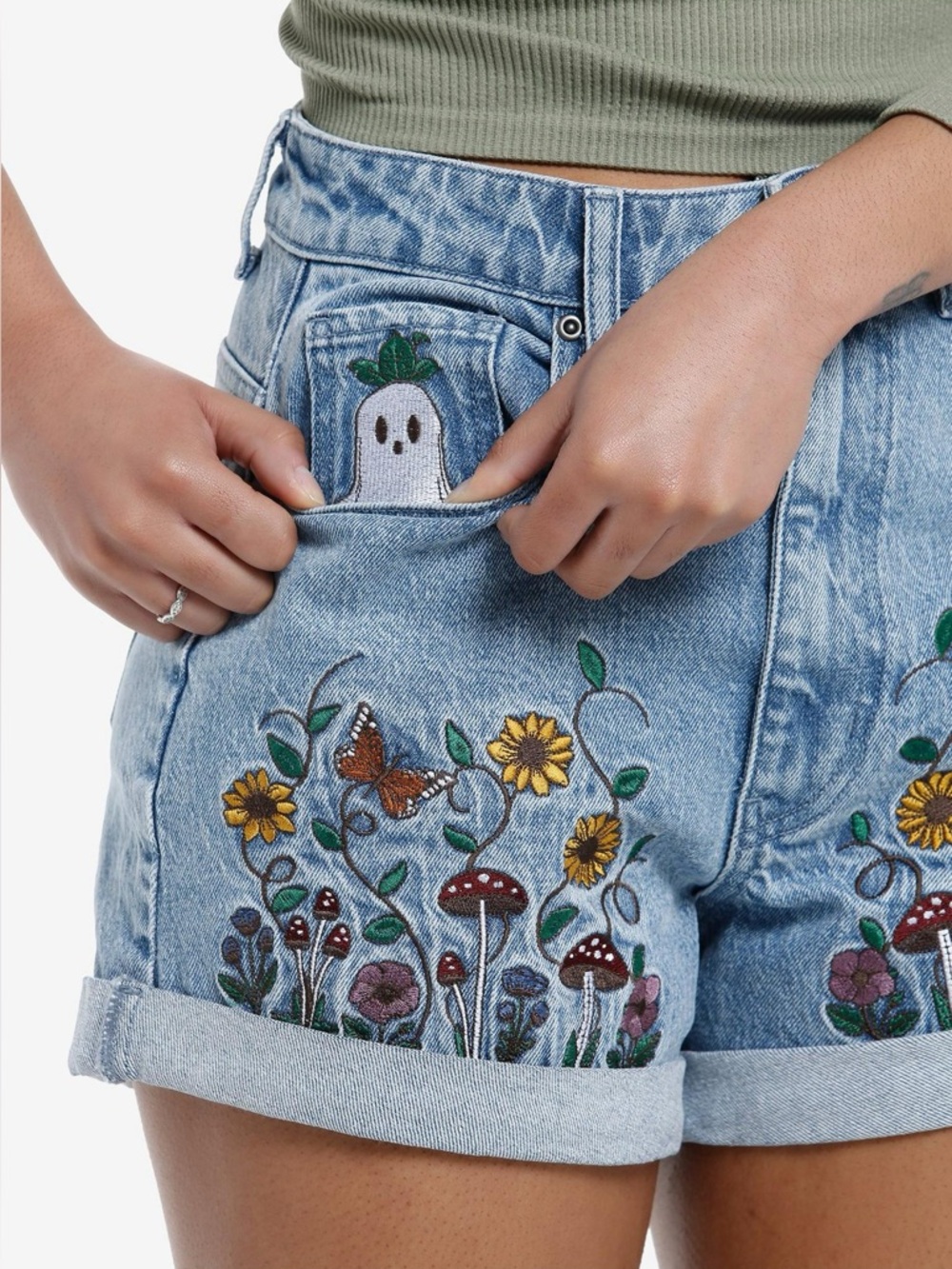 Hot Topic Blue Embroidered Denim Shorts